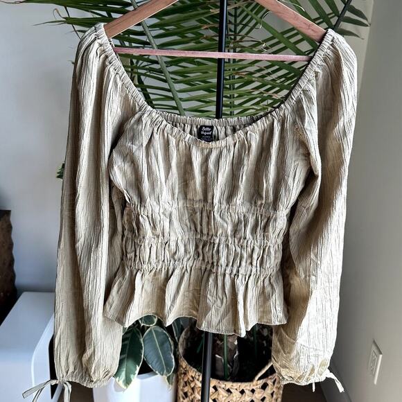 Off the Shoulder Long Sleeve Beige Peasant Top XL Smocked Boho Cottagecore - Picture 1 of 9
